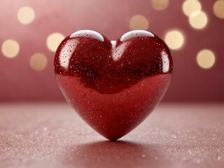 Fototapeta premium Shiny red heart on a pink glittery background.