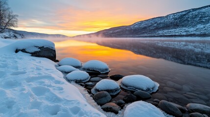 Serene Sunset  Snowy Mountain Lake Reflection  Winter Wonderland