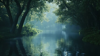 Obraz premium A peaceful river winding through a dense forest, reflecting the trees on its surface. without people, one color background
