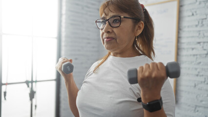 A middle-aged hispanic woman exercises with dumbbells in a brightly lit indoor gym, showcasing her...