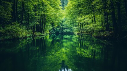 Obraz premium A peaceful river winding through a dense forest, reflecting the trees on its surface. without people, one color background