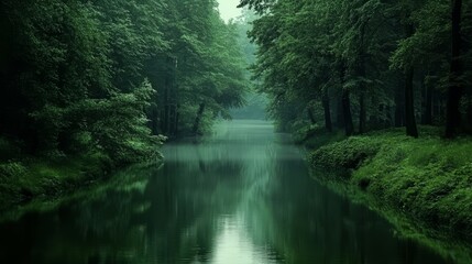 Obraz premium A peaceful river winding through a dense forest, reflecting the trees on its surface. without people, one color background