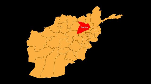 Baghlan map animated video. The location is highlighted on the Afghanistan map. Colour map with transparent background in video format.	

