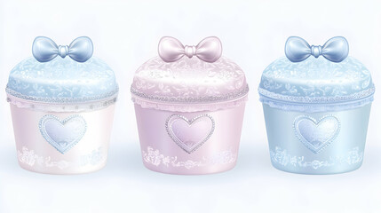 Three pastel-colored containers with bows and hearts, ideal for gift packaging or feminine products.