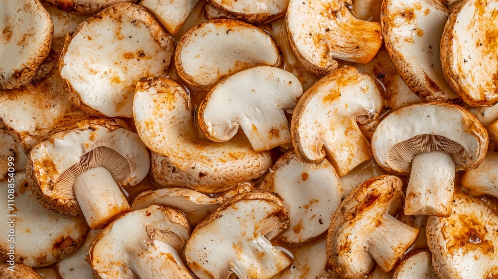 Poster a close-up image of sliced mushrooms, showcasing their light color and earthy texture, arranged neat