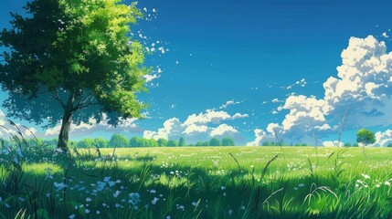 Fototapeta premium A serene meadow with tall grass, wildflowers, and trees under a bright blue sky with fluffy clouds and birds flying