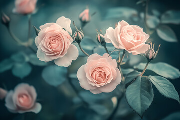 Obraz premium A romantic floral background featuring soft pink roses, delicate green leaves, and a subtle pastel gradient, evoking feelings of love and elegance