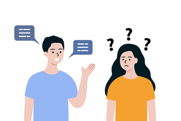 Man and woman having conversation. Confused girl with question mark above head. Misunderstanding, communication, challenge concept. Flat people character vector design isolated illustration.