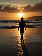 Naklejka premium Silhouette of a boy walking into a sunset by the ocean.