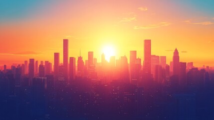 Fototapeta premium Vibrant sunrise over a city skyline, showcasing silhouettes of skyscrapers and buildings bathed in warm, orange and pink hues.