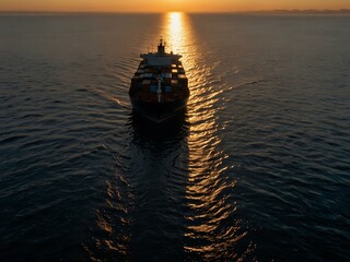 Obraz premium Silhouette of a cargo ship at sunset with long ocean shadows.