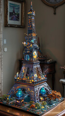 Intricately detailed miniature Eiffel Tower illuminated with lights.