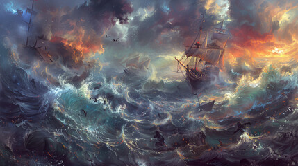 Obraz premium Dramatic ocean scene with ships battling a fierce storm.