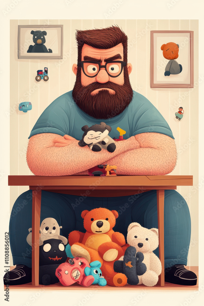 Poster grumpy. a muscular man with a beard sits at a table surrounded by colorful plush toys, showing a mix