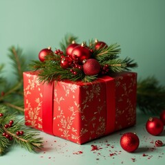 Festive Christmas Gift with Red Ornaments and Greenery