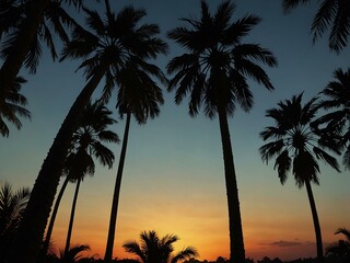 Obraz premium Silhouette of a forest with palm trees at sunset.