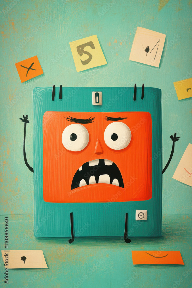Poster grumpy. a quirky character with an orange face and expressive features, surrounded by colorful notes