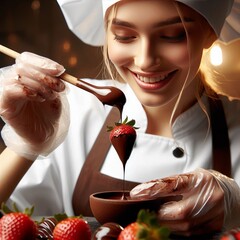 157 A chocolatier dipping a strawberry in rich melted chocolate