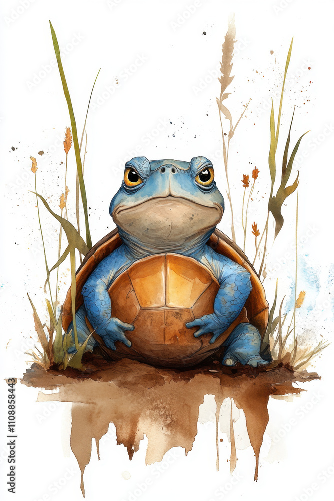 Poster grumpy. a whimsical illustration of a blue turtle-like creature sitting in grass, combining features