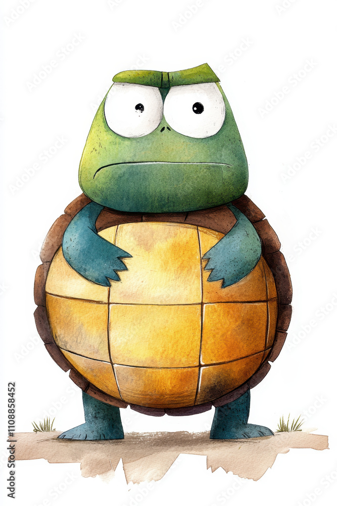 Poster grumpy. a cartoon turtle character with a grumpy expression, featuring a green head and a segmented 