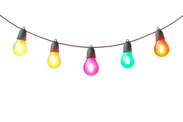 Colorful string lights hanging, perfect for festive occasions, celebrations, and outdoor gatherings.
