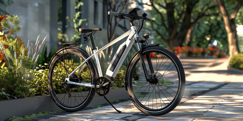 Fototapeta premium A modern bicycle parked on a sunny, tree-lined city sidewalk.