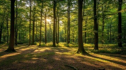 Obraz premium A quiet, winding forest path surrounded by tall trees and soft sunlight