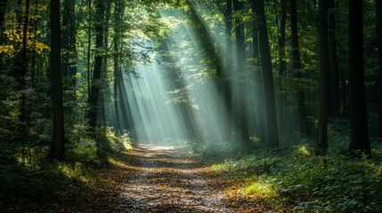 Obraz premium A quiet, winding forest path surrounded by tall trees and soft sunlight