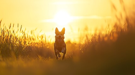 A playful dog running in a green field during sunset, soft warm light, 50mm lens, f/2.8 aperture, 1/200s shutter speed. 