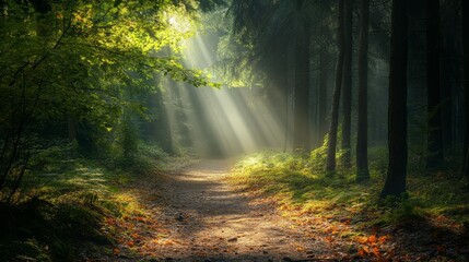 Fototapeta premium A quiet, winding forest path surrounded by tall trees and soft sunlight