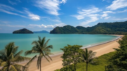 Tropical Beach Paradise With Lush Green Hills And Clear Blue Waters