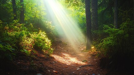 Obraz premium A quiet, winding forest path surrounded by tall trees and soft sunlight
