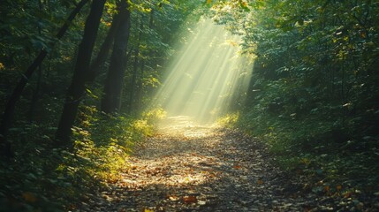 Obraz premium A quiet, winding forest path surrounded by tall trees and soft sunlight