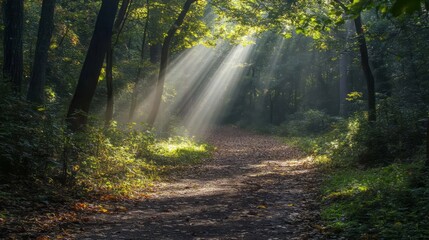 Obraz premium A quiet, winding forest path surrounded by tall trees and soft sunlight