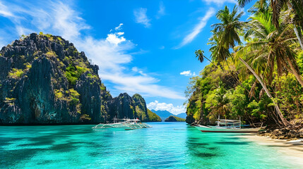 Tropical paradise beach with turquoise water, limestone cliffs, palm trees, and traditional boats.