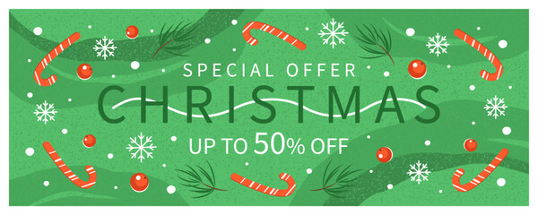 Christmas sale banner. Greeting beautiful horizontal background for winter holidays. Vector illustration for cover, advertising, sales.
