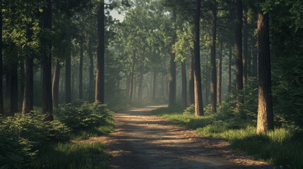 Fototapeta premium A quiet, winding forest path surrounded by tall trees and soft sunlight