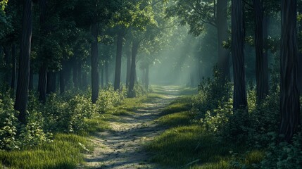 Fototapeta premium A quiet, winding forest path surrounded by tall trees and soft sunlight