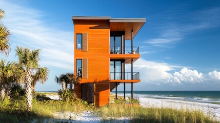 During a sunny day, nobody in Florida can view this wooden house tower new urbanism modern architecture by the ocean on the beach 