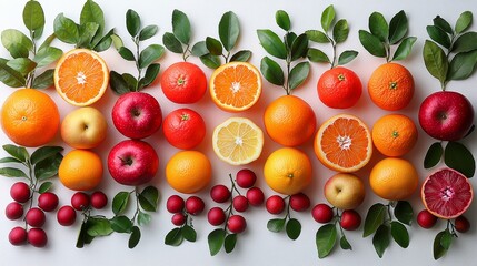 Naklejka premium Vibrant arrangement of fresh fruits with green leaves on white background