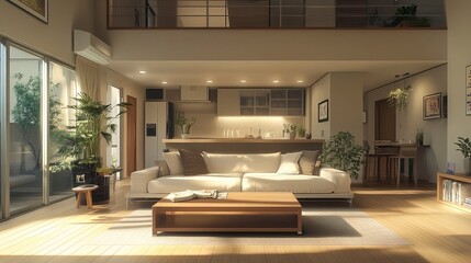 Fototapeta premium A spacious living room with high ceilings, decorated in neutral tones like white, gray, and beige. The floor is light wood, The ceiling is clean and ready to add recessed lighting. 