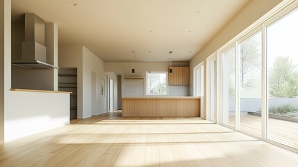 Obraz premium A spacious living room with high ceilings, decorated in neutral tones like white, gray, and beige. The floor is light wood, The ceiling is clean and ready to add recessed lighting. 