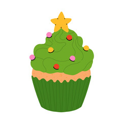 Christmas cupcakes with festive decoration. Santa hat, christmas tree, snowman, peppermint topping and icing. Merry Christmas. Xmas sweets Vector illustrations.
