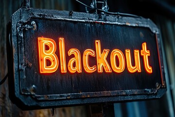 Blackout sign. Bright backlit letters, blue background with dark edges. "Blackout". in bright red letters. Power outage, lack of power and system failure