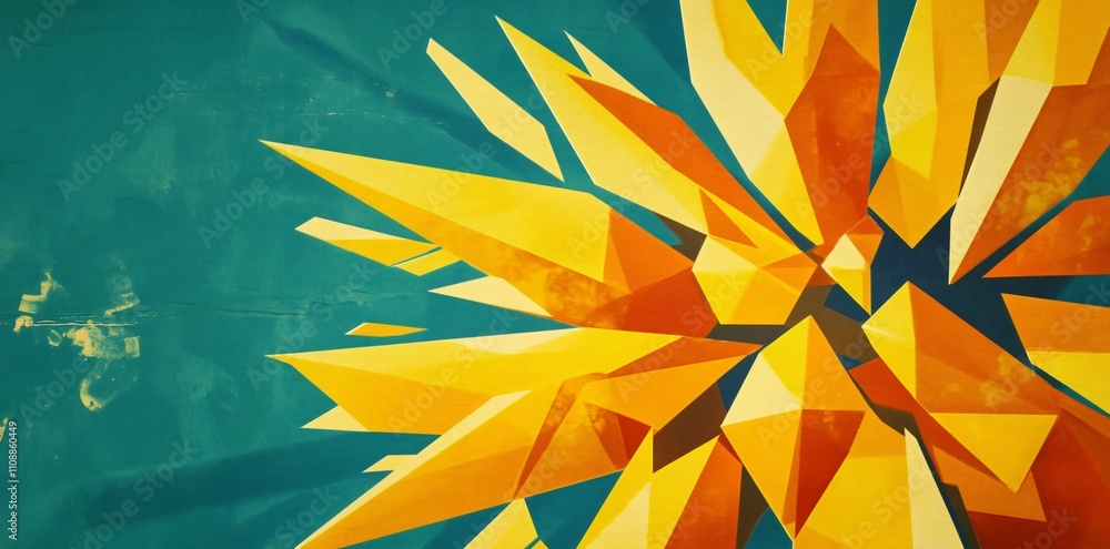 Poster abstract geometric design featuring sharp yellow shapes against a teal background.