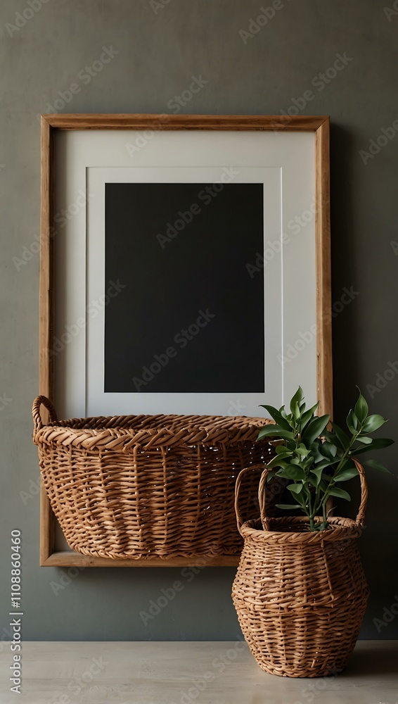 Poster simple interior with a wicker basket and empty frame.