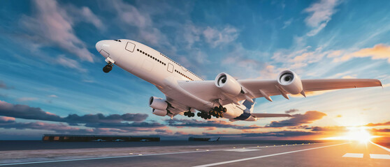 Commercial Airplane Taking Off at Sunrise - 3D Rendering Illustration..