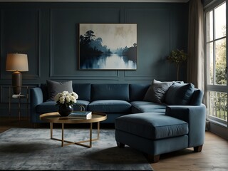 Simplistic and stylish lounge room in warm blue tones.