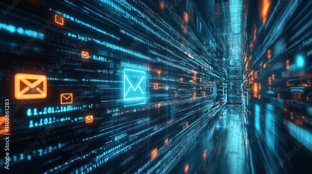 Poster dynamic digital tunnel with email icons and data streams