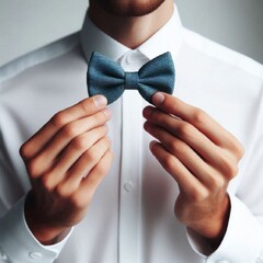 Bow tie in groom's hands on white background. AI generated.